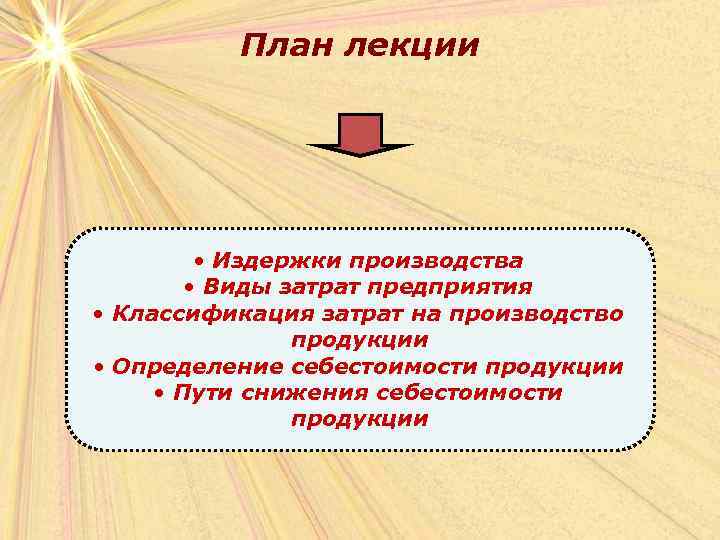 План лекции • Издержки производства • Виды затрат предприятия • Классификация затрат на производство