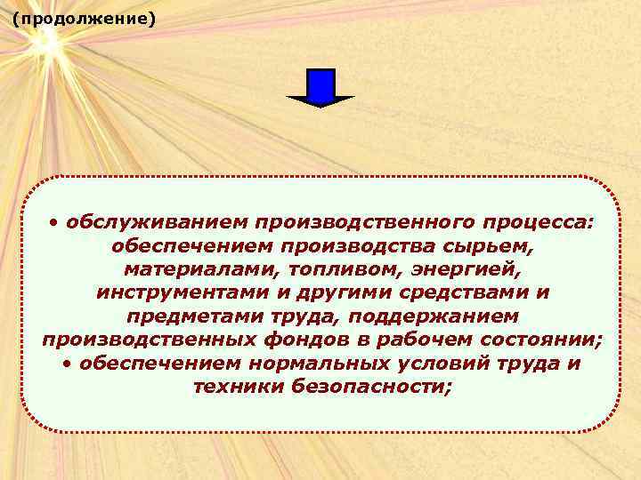 (продолжение) • обслуживанием производственного процесса: обеспечением производства сырьем, материалами, топливом, энергией, инструментами и другими