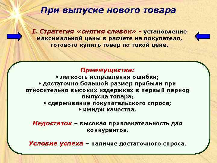 При выпуске нового товара I. Стратегия «снятия сливок» - установление максимальной цены в расчете