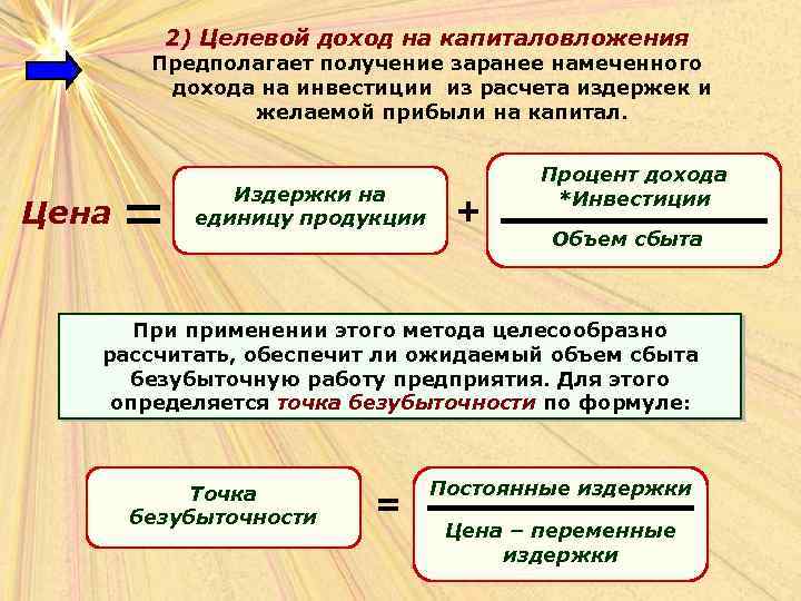 2) Целевой доход на капиталовложения Предполагает получение заранее намеченного дохода на инвестиции из расчета