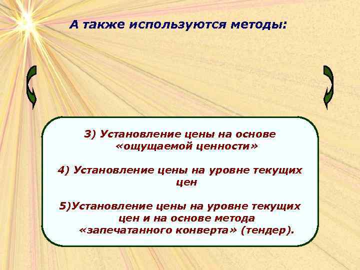 А также используются методы: 3) Установление цены на основе «ощущаемой ценности» 4) Установление цены