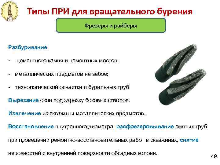 Типы ПРИ для вращательного бурения Фрезеры и райберы Разбуривание: - цементного камня и цементных