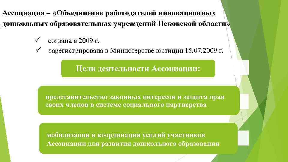 Ассоциация – «Объединение работодателей инновационных дошкольных образовательных учреждений Псковской области» создана в 2009 г.