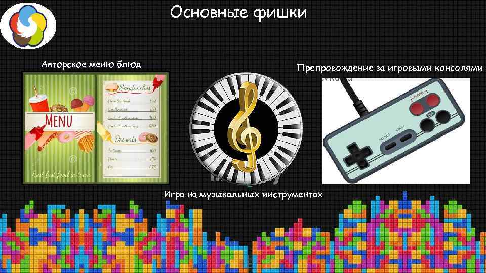 Основные фишки Авторское меню блюд Препровождение за игровыми консолями Игра на музыкальных инструментах 
