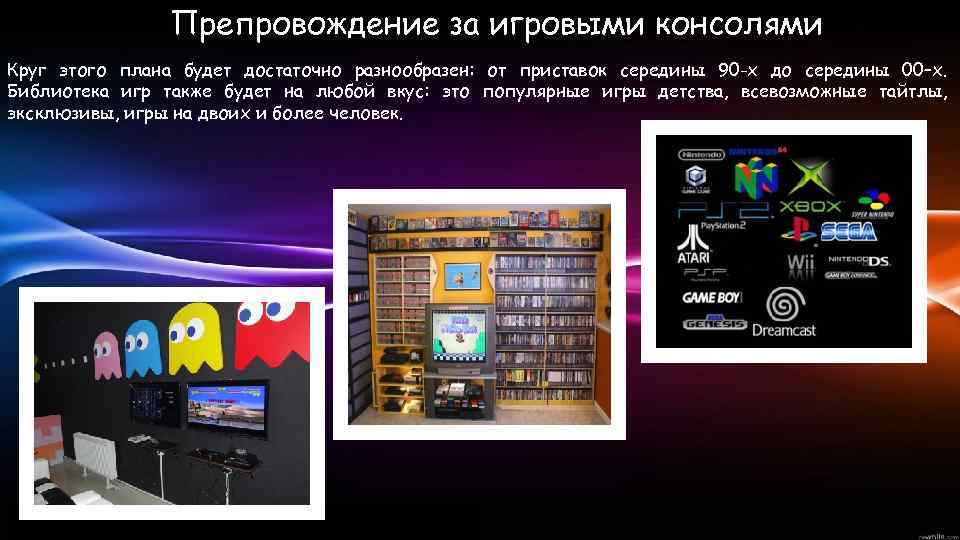 Препровождение за игровыми консолями Круг этого плана будет достаточно разнообразен: от приставок середины 90