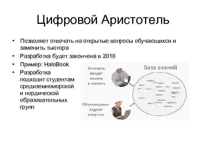 Цифровой Аристотель • Позволяет отвечать на открытые вопросы обучающихся и заменить тьютора • Разработка