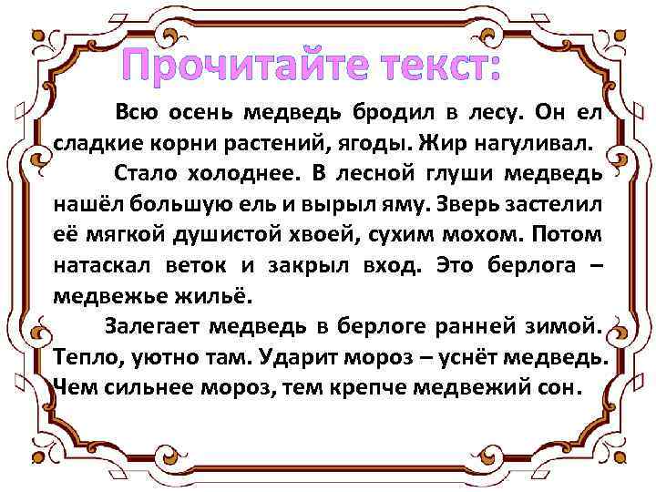 Прочитайте текст: Всю осень медведь бродил в лесу. Он ел сладкие корни растений, ягоды.