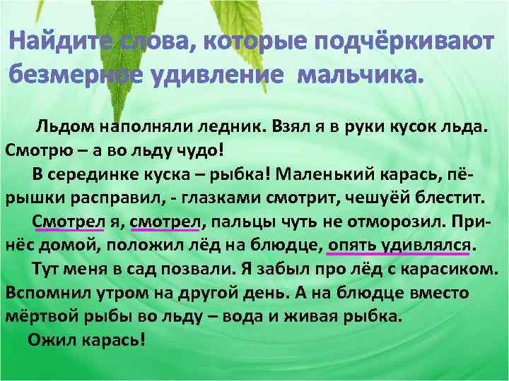 Найдите слова, которые подчёркивают безмерное удивление мальчика. Льдом наполняли ледник. Взял я в руки