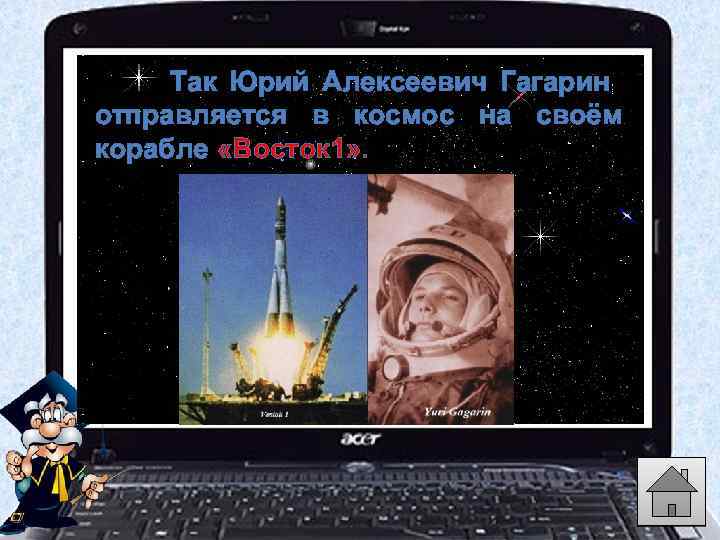 Так Юрий Алексеевич Гагарин отправляется в космос на своём корабле «Восток 1» . 