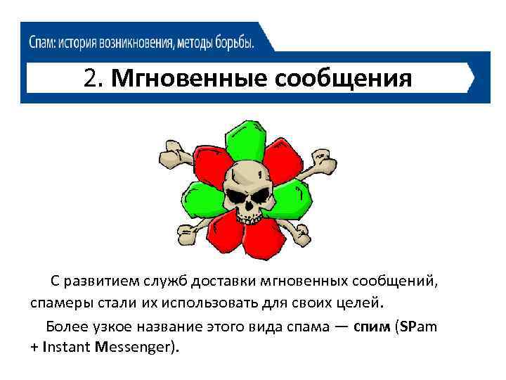 2. Мгновенные сообщения С развитием служб доставки мгновенных сообщений, спамеры стали их использовать для