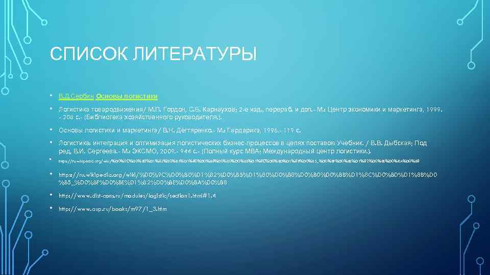 СПИСОК ЛИТЕРАТУРЫ • В. Д. Сербин Основы логистики • Логистика товародвижения/ М. П. Гордон,