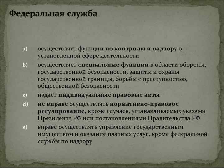 Федеральная служба a) b) c) d) e) осуществляет функции по контролю и надзору в