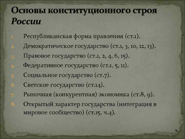 Основы конституционного строя России 1. Республиканская форма правления (ст. 1). 2. Демократическое государство (ст.