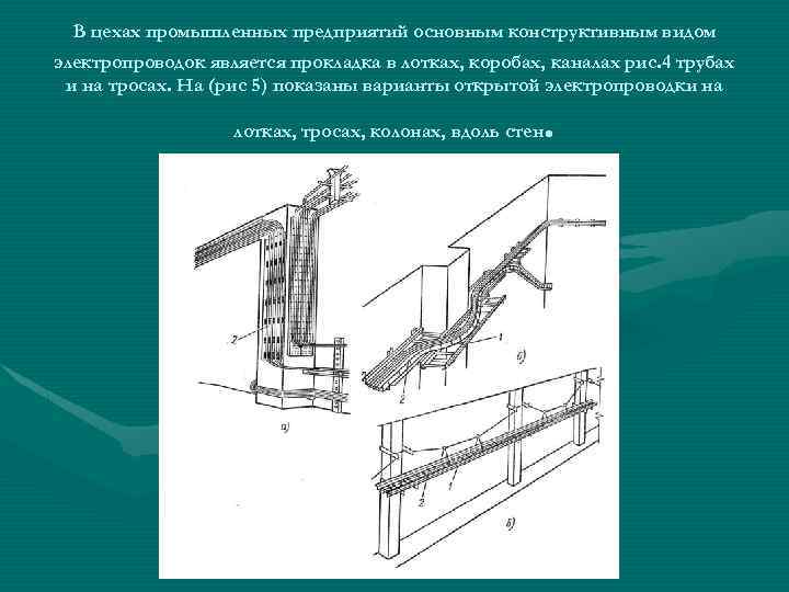 В цехах промышленных предприятий основным конструктивным видом электропроводок является прокладка в лотках, коробах, каналах