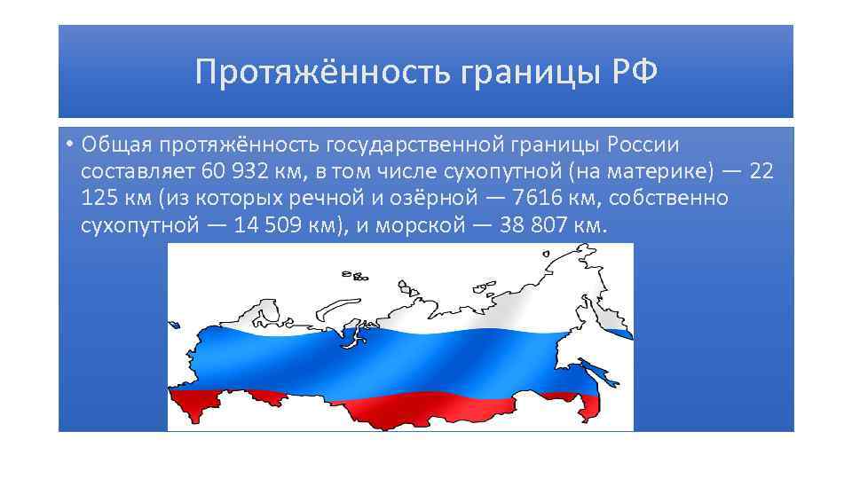 Протяжённость границы РФ • Общая протяжённость государственной границы России составляет 60 932 км, в