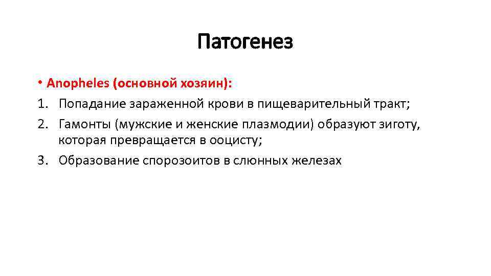 Патогенез • Anopheles (основной хозяин): 1. Попадание зараженной крови в пищеварительный тракт; 2. Гамонты