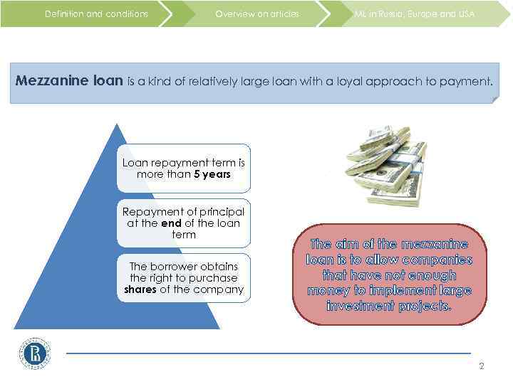 Definition and conditions Overview on articles ML in Russia, Europe and USA Mezzanine loan