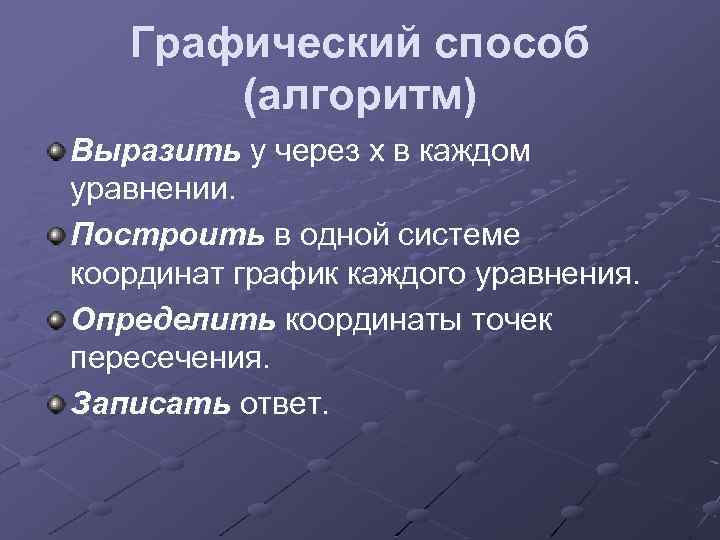 Графический способ (алгоритм) Выразить у через х в каждом уравнении. Построить в одной системе