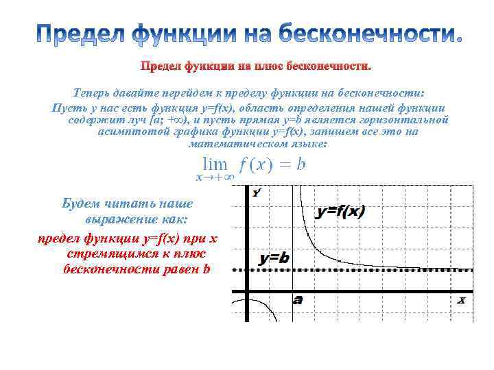 Предел функции на плюс бесконечности. Теперь давайте перейдем к пределу функции на бесконечности: Пусть