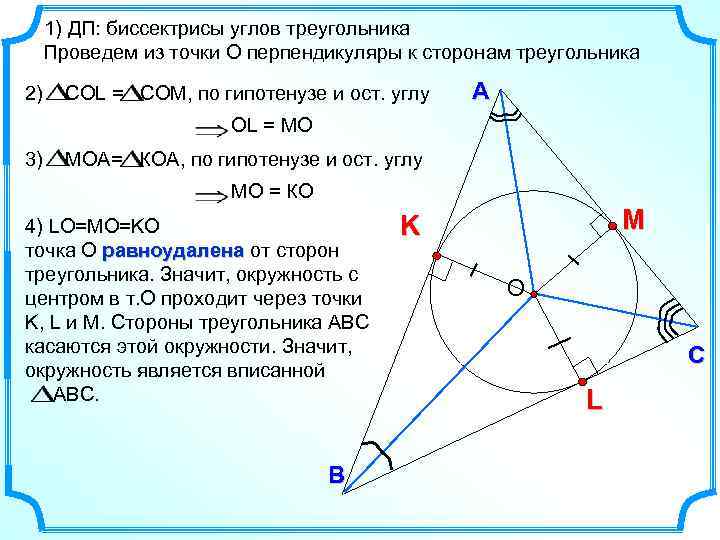 1) ДП: биссектрисы углов треугольника Проведем из точки О перпендикуляры к сторонам треугольника 2)