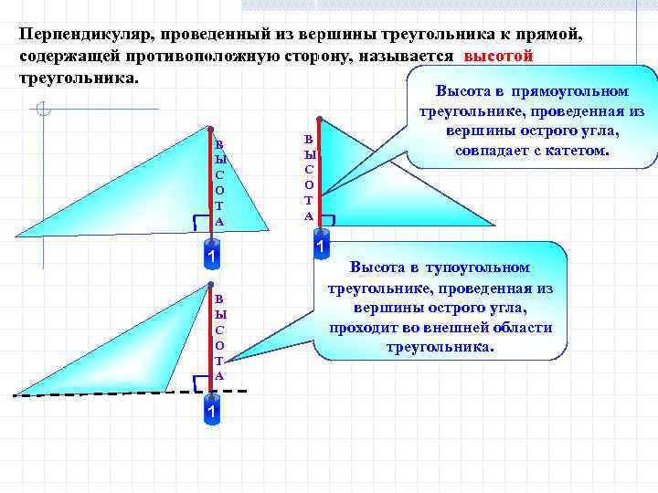 Перпендикуляр, проведенный из вершины треугольника к прямой, содержащей противоположную сторону, называется высотой треугольника. В