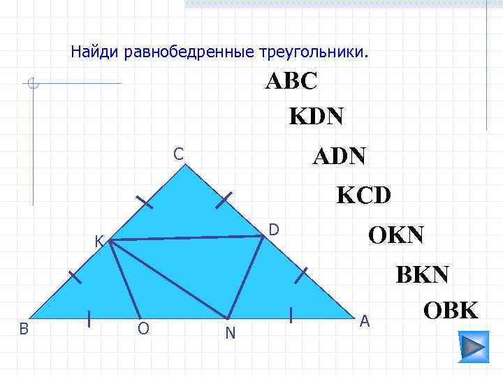 Найди равнобедренные треугольники. АВС KDN ADN С KCD D K В O N OKN