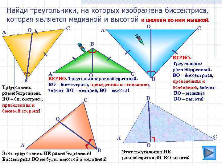 Найди треугольники, на которых изображена биссектриса, которая является медианой и высотой и щелкни по