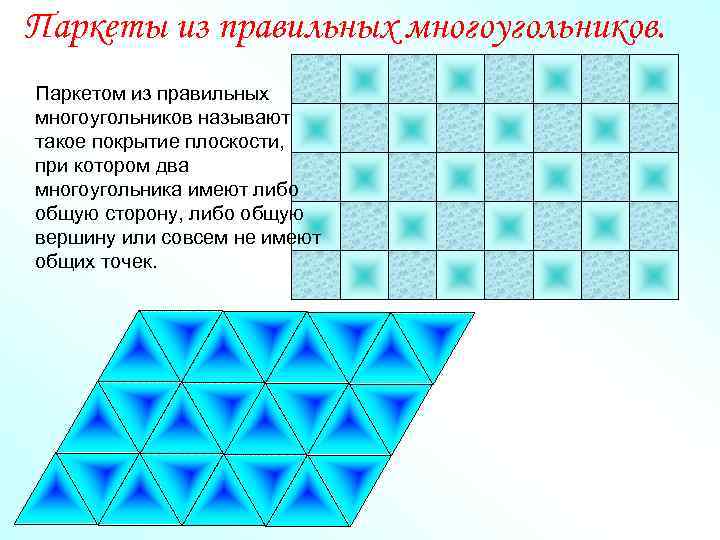 Паркеты из правильных многоугольников. Паркетом из правильных многоугольников называют такое покрытие плоскости, при котором
