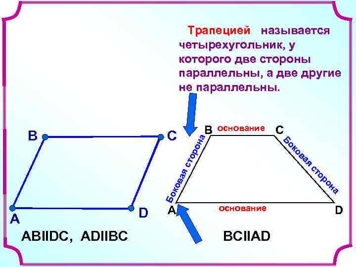 Трапецией называется четырехугольник, у которого две стороны параллельны, а две другие не параллельны. D