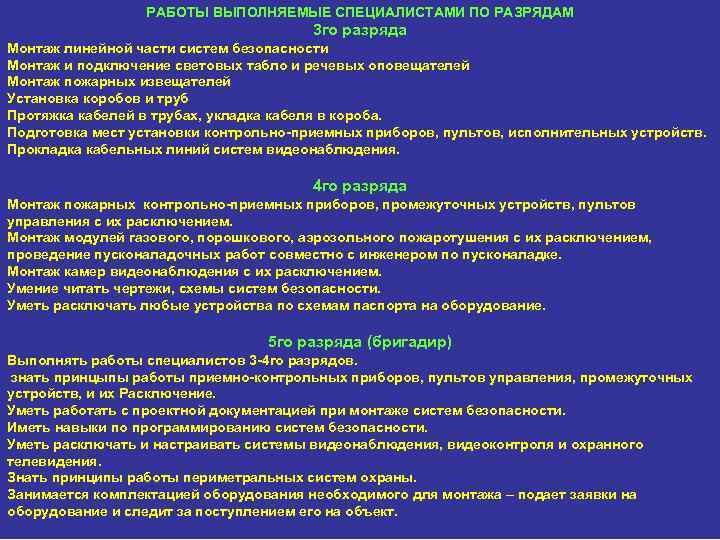 РАБОТЫ ВЫПОЛНЯЕМЫЕ СПЕЦИАЛИСТАМИ ПО РАЗРЯДАМ 3 го разряда Монтаж линейной части систем безопасности Монтаж