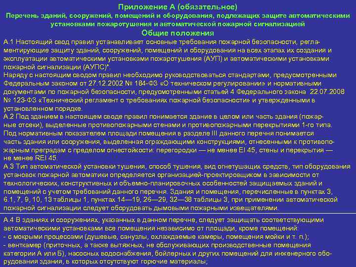 Приложение А (обязательное) Перечень зданий, сооружений, помещений и оборудования, подлежащих защите автоматическими установками пожаротушения