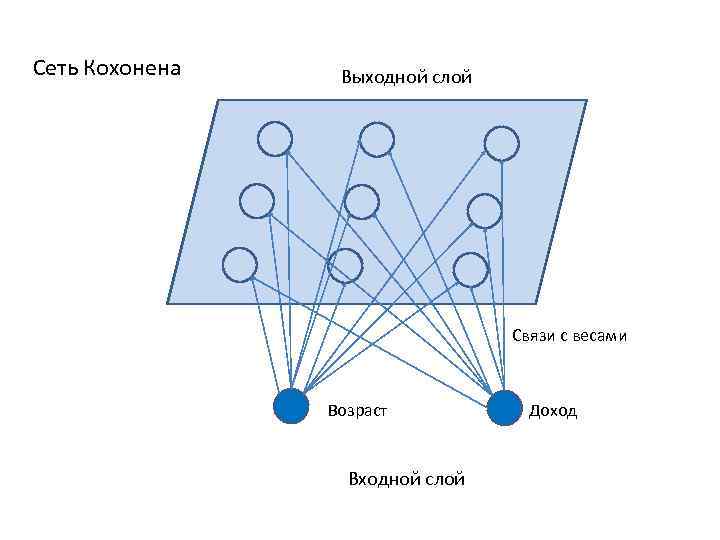 Сеть Кохонена Выходной слой Связи с весами Возраст Входной слой Доход 