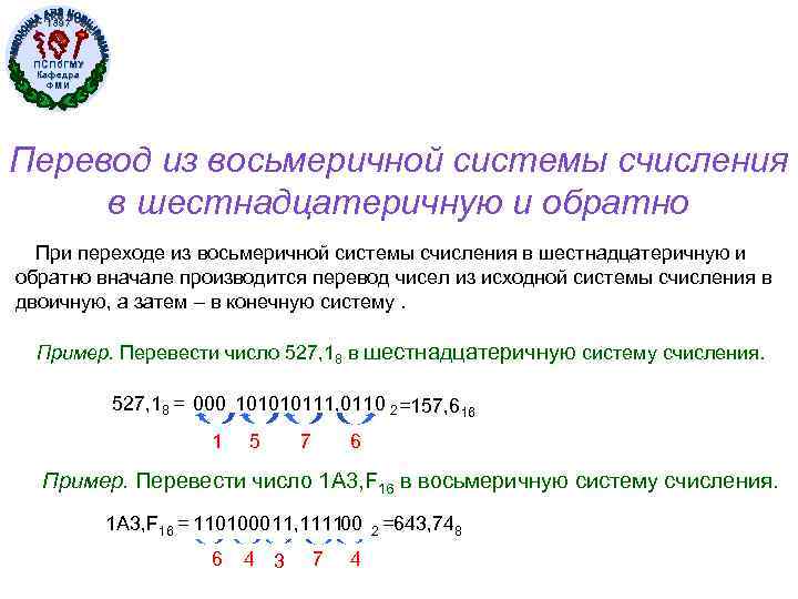 1897 ПСПб. ГМУ Кафедра ФМИ Перевод из восьмеричной системы счисления в шестнадцатеричную и обратно