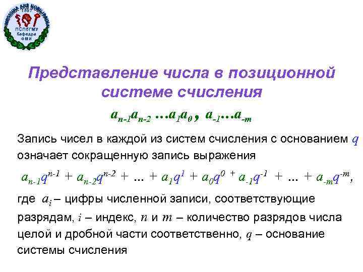 1897 ПСПб. ГМУ Кафедра ФМИ Представление числа в позиционной системе счисления an-1 an-2 …a