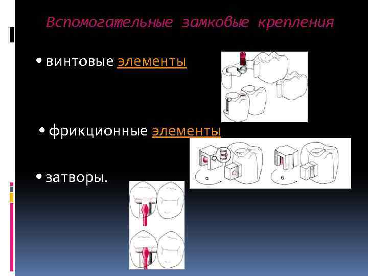  Вспомогательные замковые крепления • винтовые элементы • фрикционные элементы • затворы. 