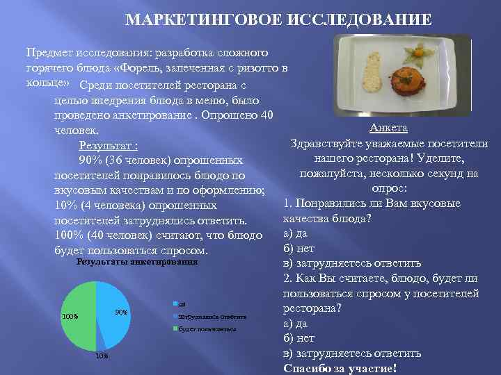 МАРКЕТИНГОВОЕ ИССЛЕДОВАНИЕ Предмет исследования: разработка сложного горячего блюда «Форель, запеченная с ризотто в кольце»