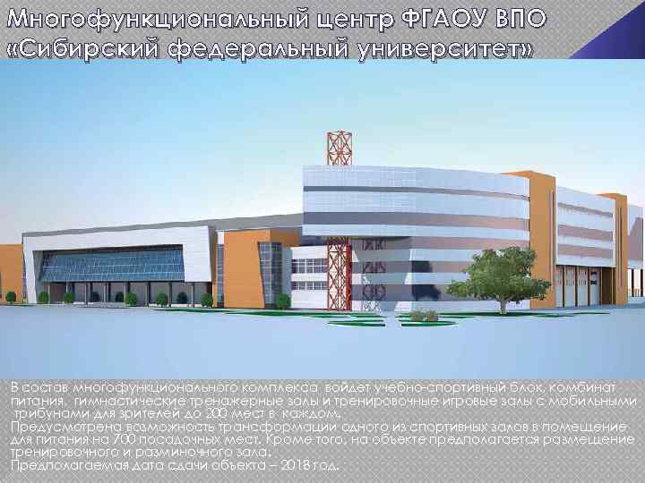 Многофункциональный центр ФГАОУ ВПО «Сибирский федеральный университет» В состав многофункционального комплекса войдет учебно-спортивный блок,