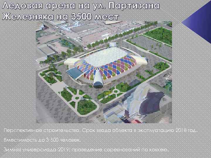 Ледовая арена на ул. Партизана Железняка на 3500 мест Перспективное строительство. Срок ввода объекта
