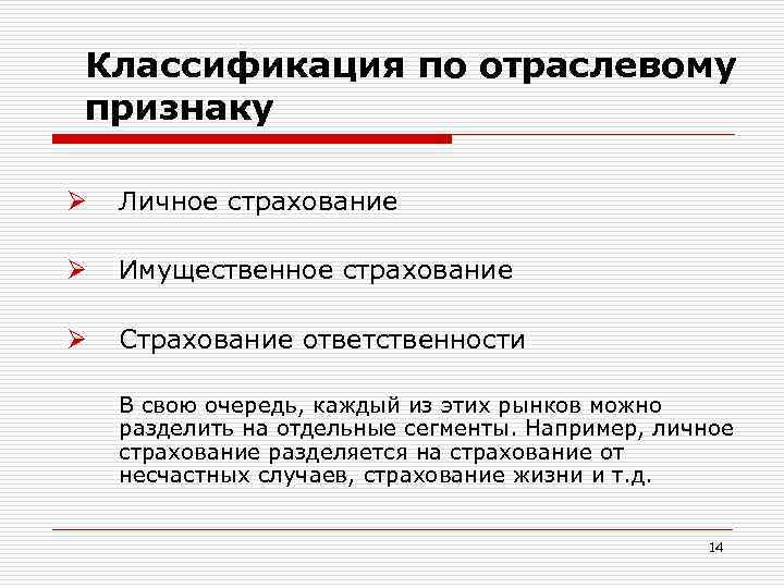 Классификация по отраслевому признаку Ø Личное страхование Ø Имущественное страхование Ø Страхование ответственности В