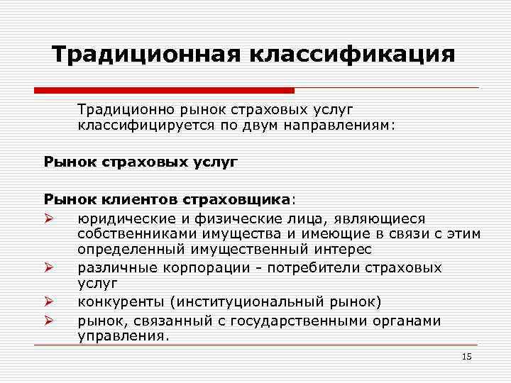 Традиционная классификация Традиционно рынок страховых услуг классифицируется по двум направлениям: Рынок страховых услуг Рынок