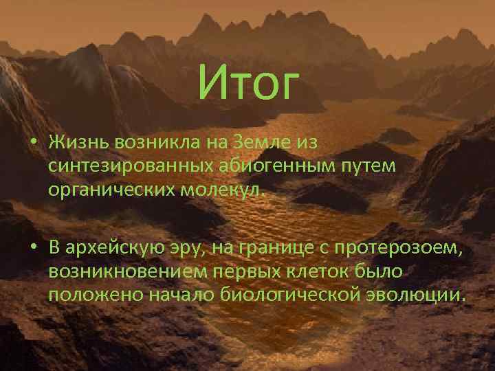 Итог • Жизнь возникла на Земле из синтезированных абиогенным путем органических молекул. • В