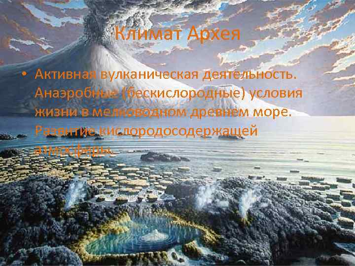 Климат Архея • Активная вулканическая деятельность. Анаэробные (бескислородные) условия жизни в мелководном древнем море.