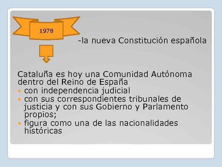 1978 -la nueva Constitución española Cataluña es hoy una Comunidad Autónoma dentro del Reino