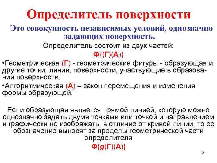 Определитель поверхности Это совокупность независимых условий, однозначно задающих поверхность. Определитель состоит из двух частей: