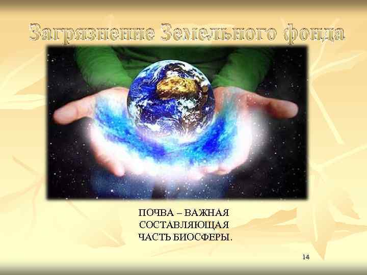 Загрязнение Земельного фонда ПОЧВА – ВАЖНАЯ СОСТАВЛЯЮЩАЯ ЧАСТЬ БИОСФЕРЫ. 14 