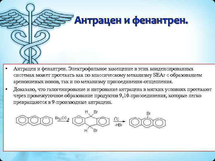 Антрацен и фенантрен. • • Антрацен и фенантрен. Электрофильное замещение в этих конденсированных системах