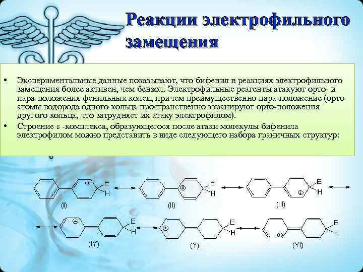 Реакции электрофильного замещения • • Экспериментальные данные показывают, что бифенил в реакциях электрофильного замещения