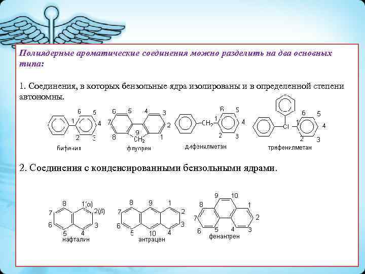Полиядерные ароматические соединения можно разделить на два основных типа: 1. Соединения, в которых бензольные