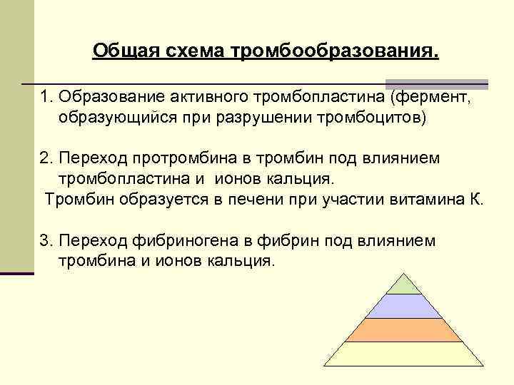 Общая схема тромбообразования. 1. Образование активного тромбопластина (фермент, образующийся при разрушении тромбоцитов) 2. Переход