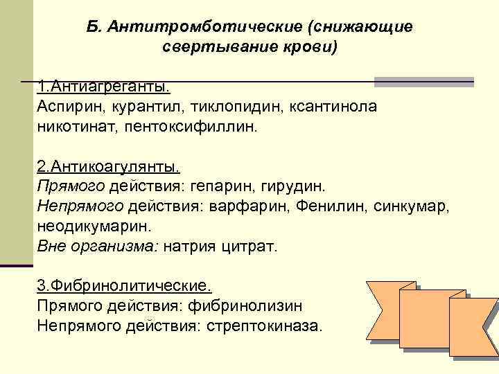 Б. Антитромботические (снижающие свертывание крови) 1. Антиагреганты. Аспирин, курантил, тиклопидин, ксантинола никотинат, пентоксифиллин. 2.